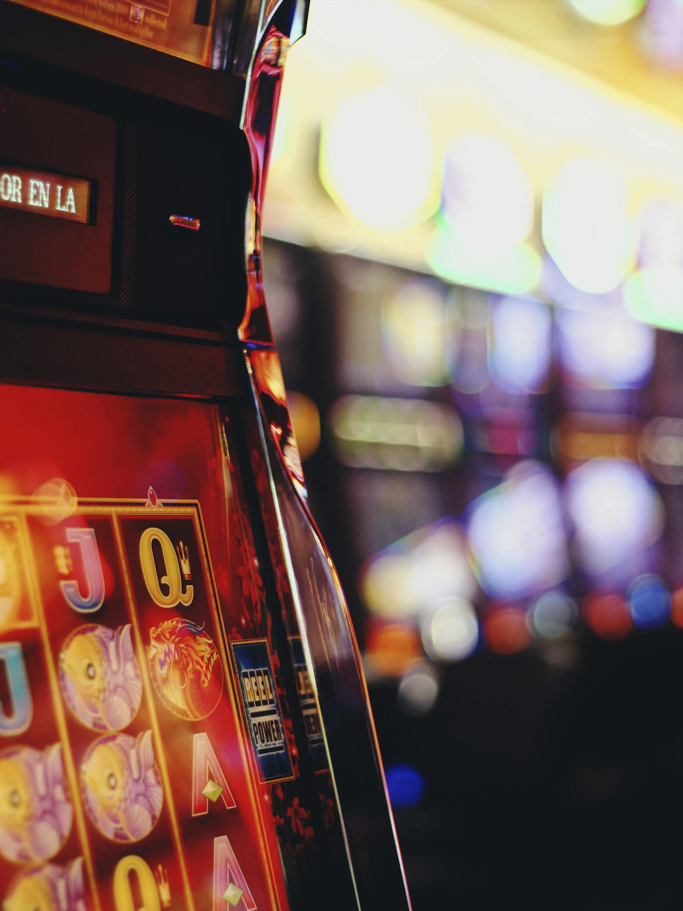 Close-up of a casino slot machine reel mid-spin